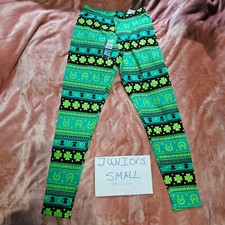 New Juniors S Shamrock Lucky Icon Fair Isle St Patrick's Day Legging Bottoms NWT