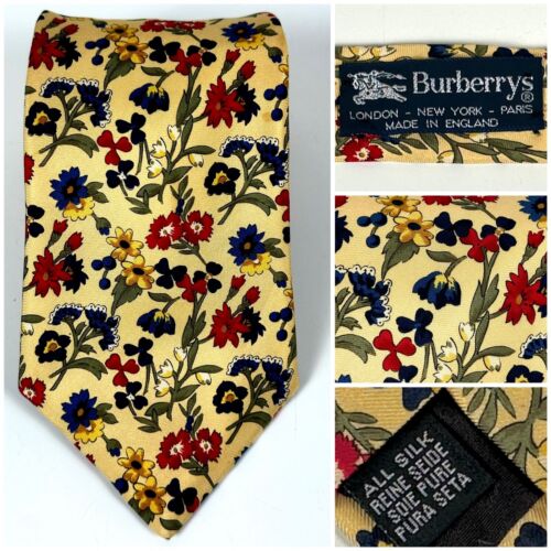 Burberry Men’s 100% Silk Tie Yellow Floral Made In England Wide 4” Long 58” EUC