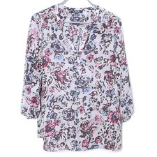 Chaps Womens Sheer Watercolor Floral Smocked Tunic Top Large