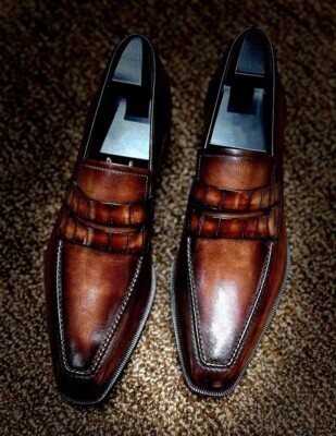 Handmade Burnish Brown Moccasins, Mens Slip Ons Dress Shoes 
