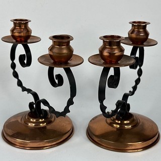 Vintage French Pair Of Copper & Black Metal Retro Candlestick Candle Holders