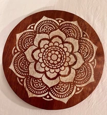 Hand Made Wood Mandala Art Solid Board 11.5” Plant, Candle, or Food Display.