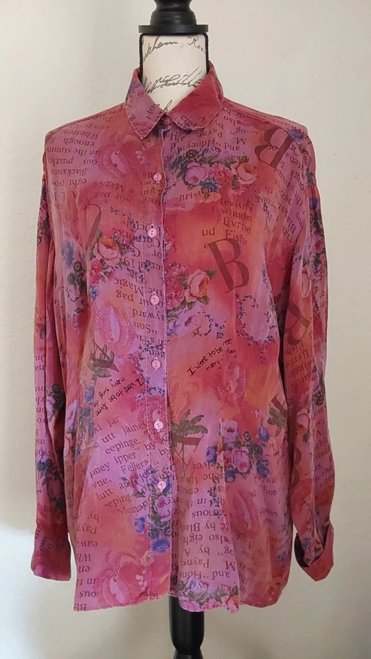 Blusa Camisa Tianello SIENNA Floral Rosas Prenda Teñida Rayón Abotonada, Talla M Foto 2 de 4
