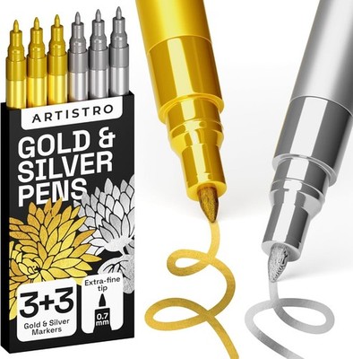 ARTISTRO 6 Acrylic Gold  Silver Paint Pens - 0.7mm Extra-Fine Markers - Great