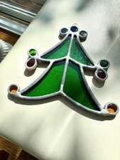 Christmas Tree Sun Catcher Green Colored Balls Metal Trim Stained Glass