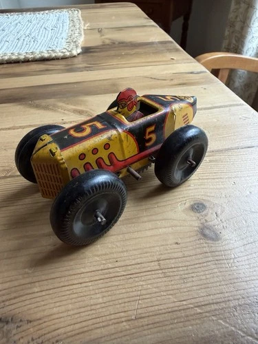1930's Marx Tin Litho #5 Race Car w/ Balloon Tires 5" Long Works excellent look!