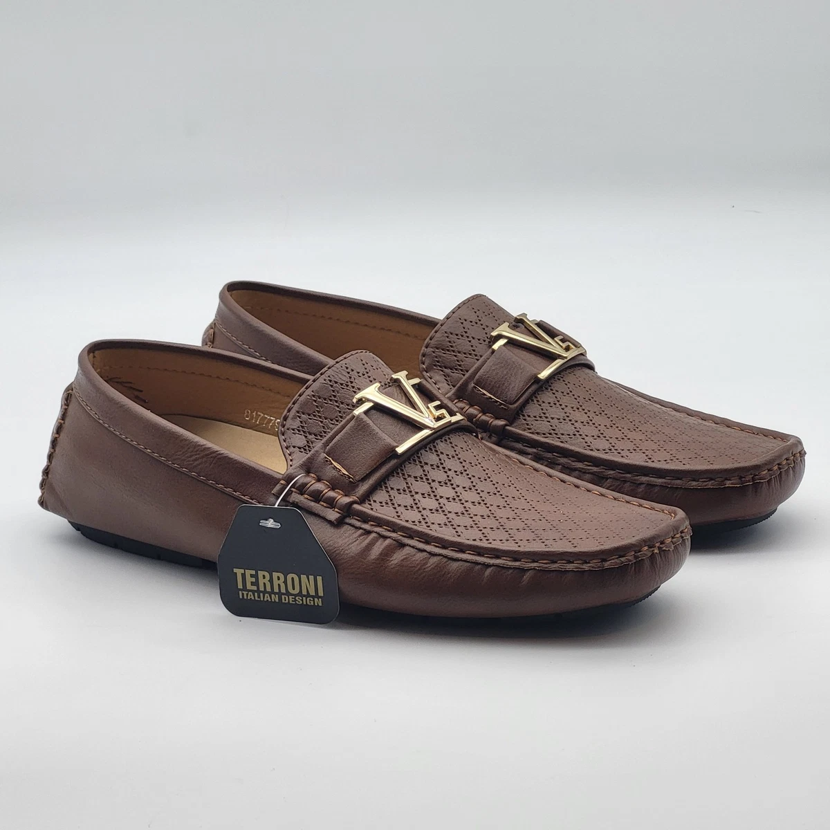 Terroni Italian Design Loafer Men\'s Size 8.5 Argyle Pattern Cognac W/Gold Buckle Terroni Royal Blue Men main image 4