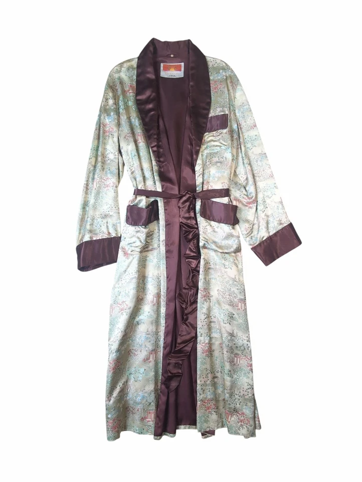 Bata kimono de seda satinada marca oriental vintage marrón verde para hombre talla 48 Foto 2 de 4