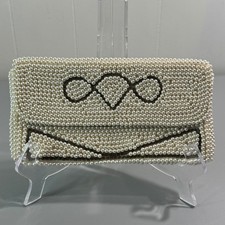 Vintage Faux Pearl Beaded Clutch Evening Bag Cream Geometric Pattern Wedding