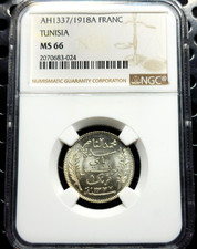 1 Franc 1337 (1918) A Paris King Mohammed V Nasir Tunisia MS66 NGC TOP POP Rare!
