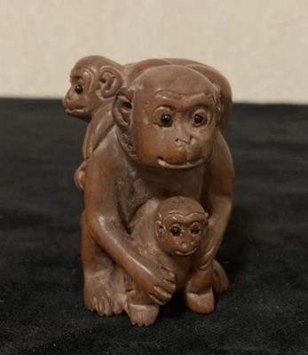 Japanese Netsuke, Hand-Carved, Monkey Family, Love/Bond, Wood