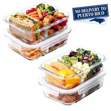 4 Pack Glass Food Storage Containers with Dividers, 8-Piece Meal Prep Containers