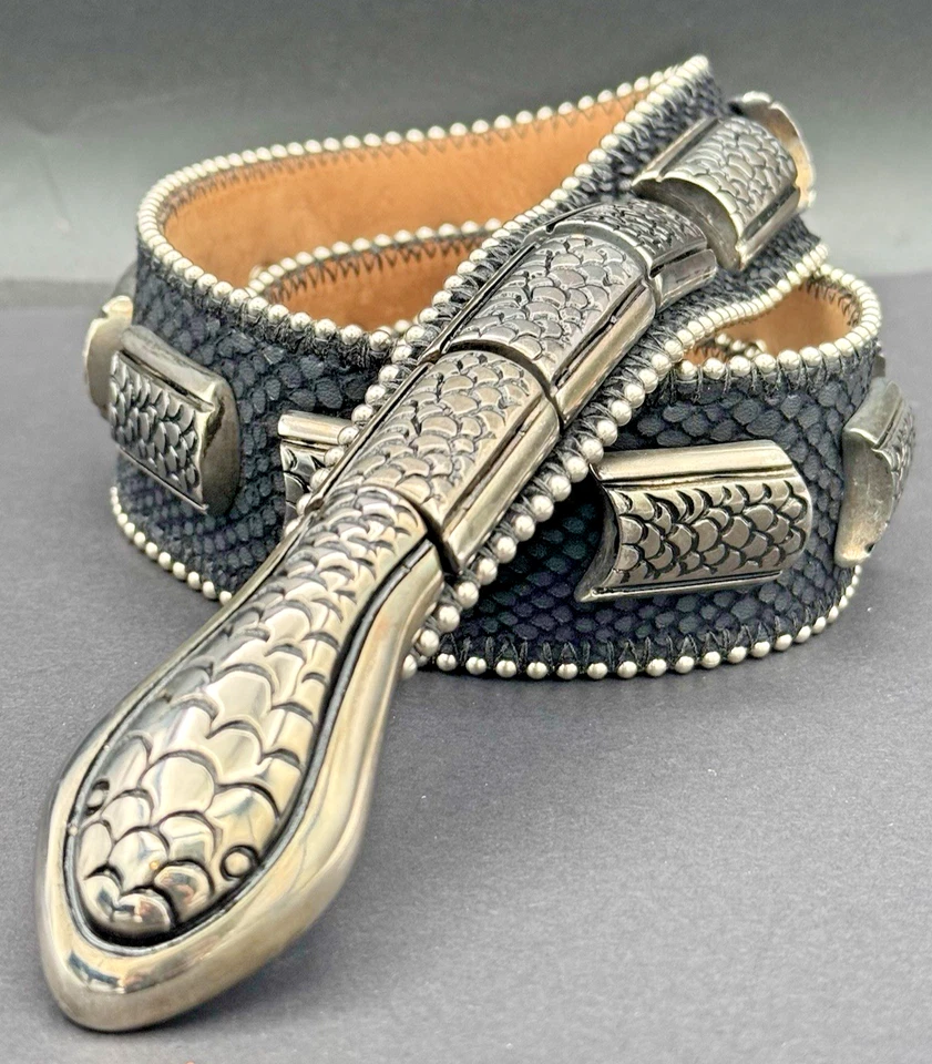 Cinturón De Colección Cuero Calles Adelante Víbora Negro Italiano Rockabilly Plata Serpiente M/L Foto 4 de 4