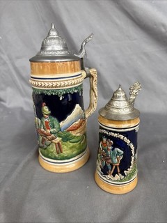 Vintage German Beer Steins with A Hinged Pewter Lid Made In Germany