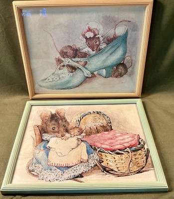 Vintage Pair of Framed Beatrix Potter Nursery Rhyme Watercolor Illustrations
