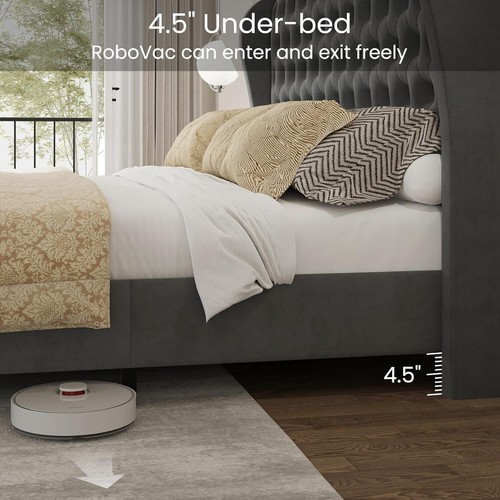 Queen Size Upholstered Bed Frame, Velvet Tufted Platform Bed w/Wingback, Black - Picture 33 of 36
