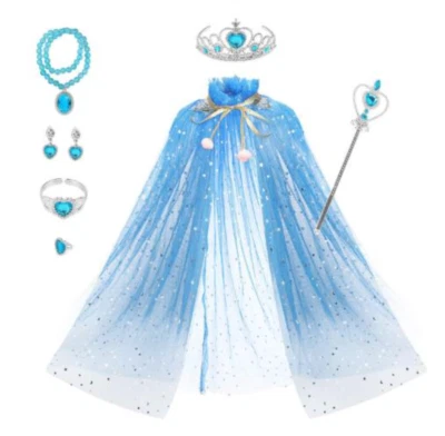MARKENLOS Frozen Kostüm Eiskönigin Prinzessin Elsa Kleid Eisprinzessin Set aus 7 Zubehör