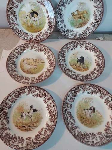 Spode Woodland Salad Plates Set of 6 all dogs- inc beagle
