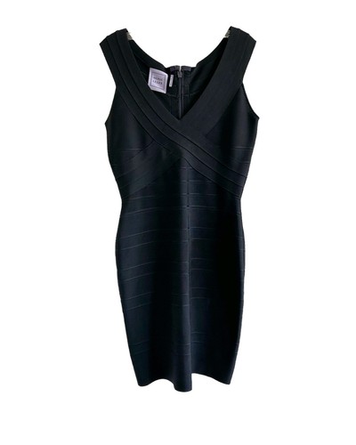 Herve Leger Vestito Bodycon Fasciato in Maglia Nero Taglia Large - Foto 2 di 8