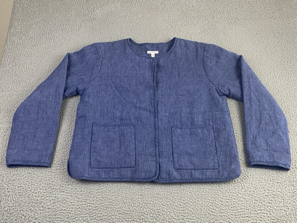 Eileen Fisher Organic Linen Delave Padded Jacket Size Small Pockets Blue Snap - Image 3 of 4