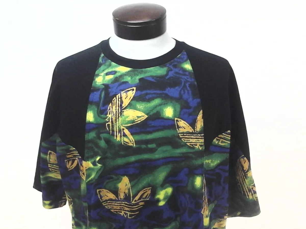 ADIDAS Big Trefoil Allover Print T Shirt Black Green Purple Yellow