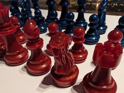 Chess Piece set - Diamond Blue and Fireball Red Pieces....Hi Gloss, No Board