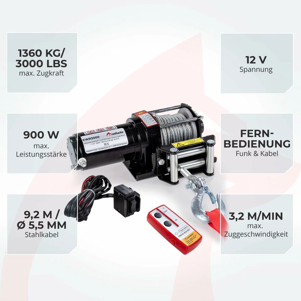 ROTFUCHS® Elektrische Seilwinde 12V 1360KG Elektrowinde Motorwinde Offroadwinde - Bild 3 von 4