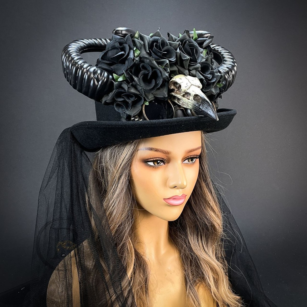 Ram Horns Steampunk Costume Hat Headpiece Black Rose Top Hat