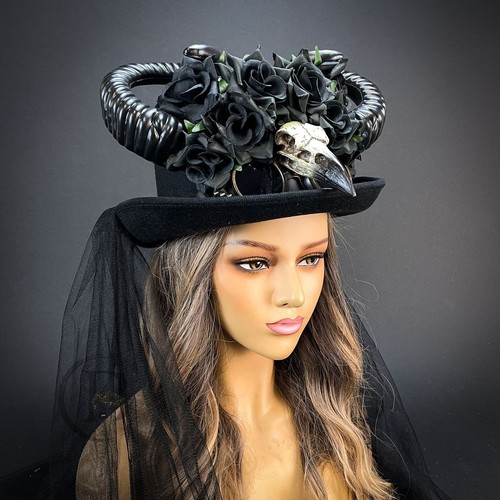 Cappello Costume Ram Horns Steampunk Headpiece Nero Rosa Top Cappello Peste Doctor Bird - Foto 2 di 4
