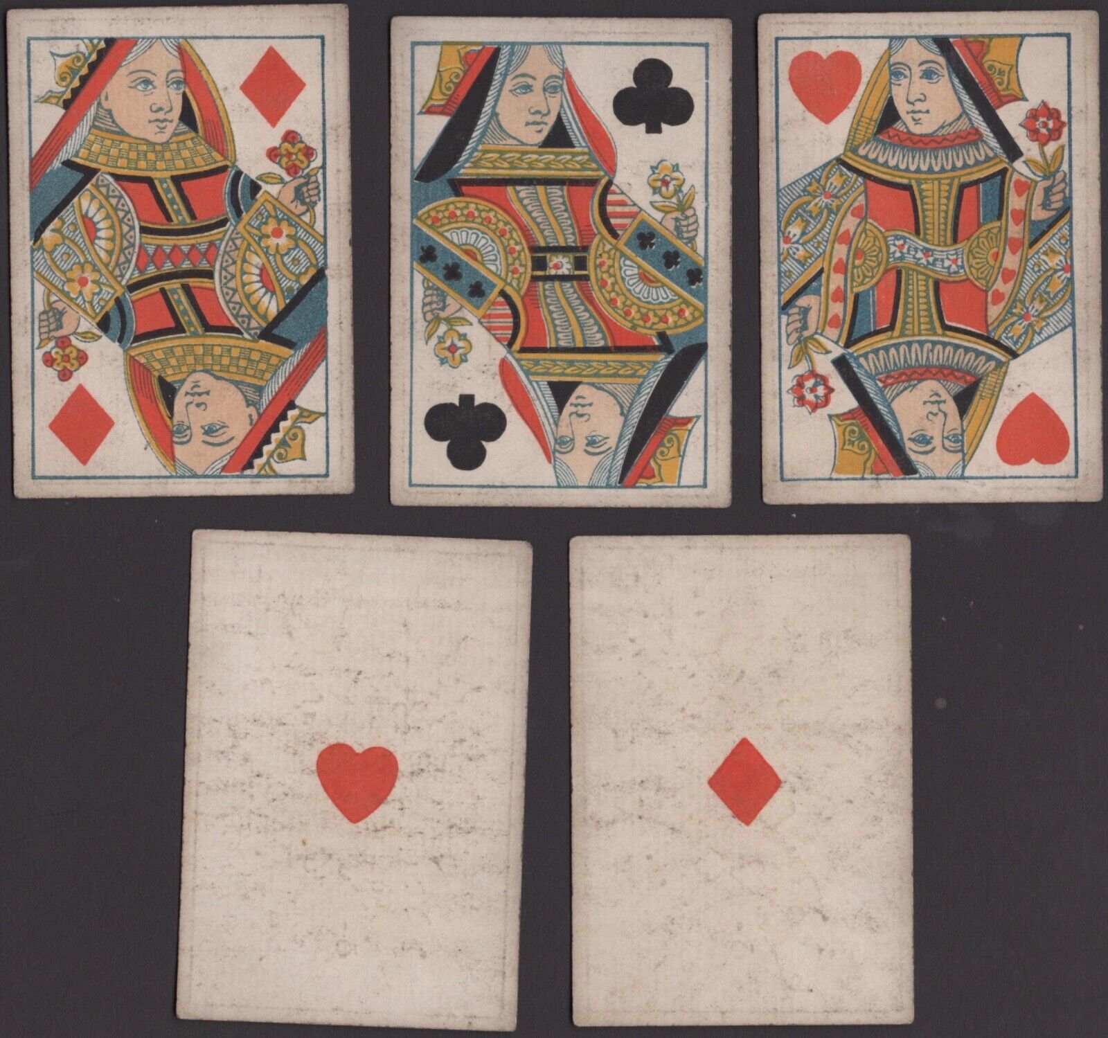 Old Antique 1865 Square Corner Playing Cards Poker Hand FULL HOUSE Queen’s  Ace’s