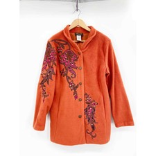 Bob Mackie Orange Fleece Coat Embroidered Floral Details Lined Size M