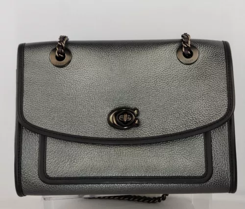COACH Parker Metallic Graphite W Black Trim Soft Leather Shoulder Crossbody Bag