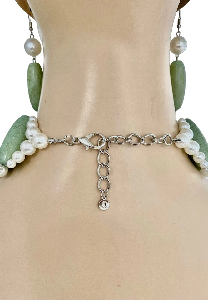 Conjunto de aretes collar babero llamativo perla sintética verde menta gruesos en capas pesadas Foto 3 de 3