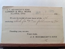 Vtg Postal Card. J.T. Weybrecht's Lumber & Mill work. Alliance, Ohio. 1910 (A25)