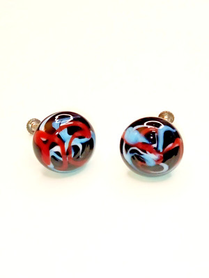 Signed Miriam Haskell Art Glass Cabochon Screw Back Earrings ~ Black Multicolor