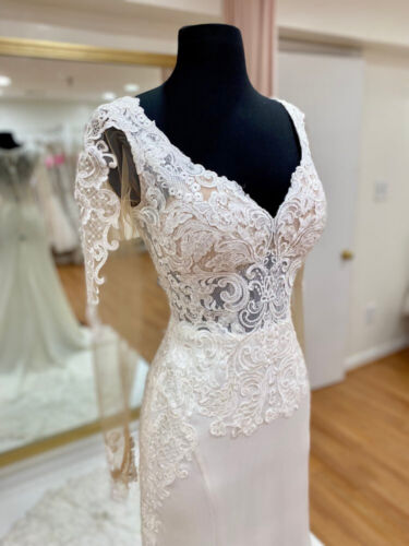 Essense of Australia D2124 Wedding Dress Ivory Crepe Long Sleeves Hollywood Glam - Picture 7 of 11