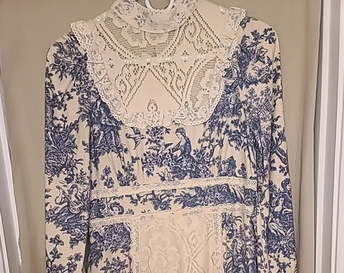 Abito prarie Gunne Sax Jessica Mcclintock Toile De Jouy vintage anni '70 taglia 9 blu crema - Foto 4 di 23