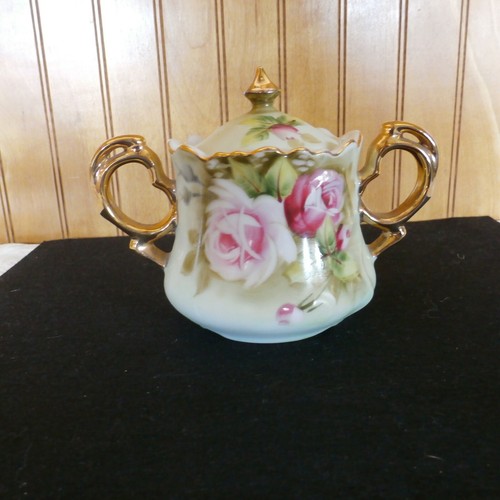 Lefton CREAMER & SUGAR w Lid HERITAGE GREEN Pink Roses Jadite Mint Green Gold - Picture 4 of 6