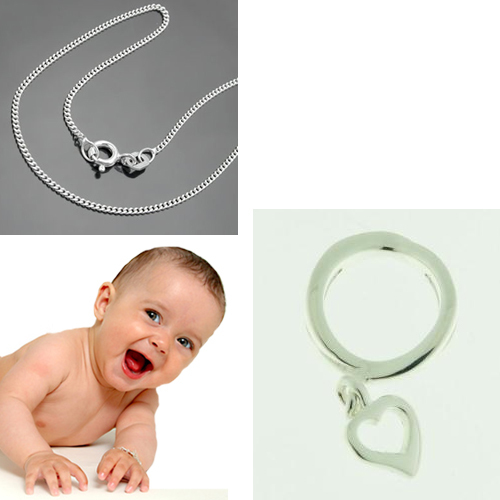 Baby Zirkonia Taufring Mit Herzchen Und Halskette 36 Cm Echt Silber 925 Neu-image
