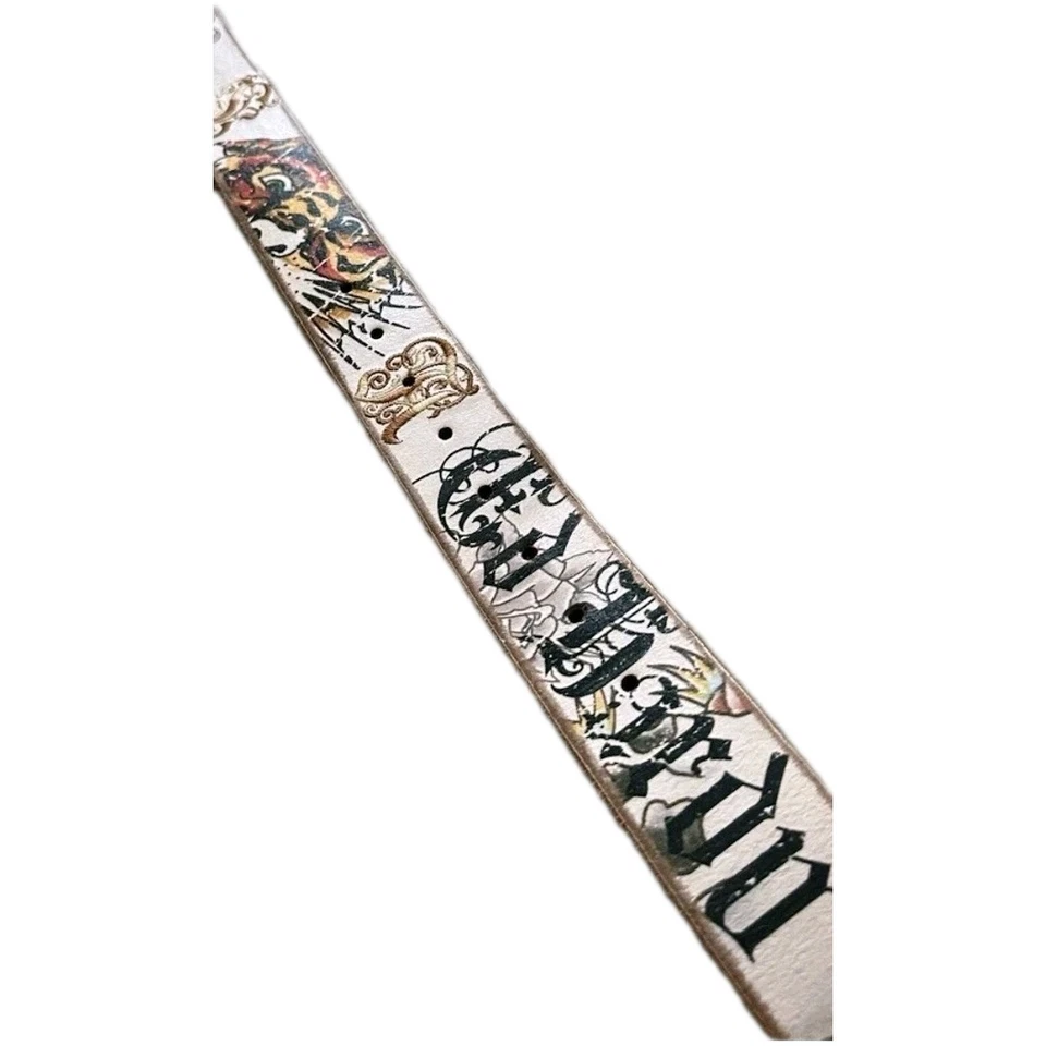 Cinturón Ed Hardy Cuero Marfil Tigre y Bordado Antiguo Escritura Logo M Fit31"-36" Foto 2 de 4