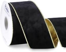 Black Velvet Wired Ribbon 2.5 Inch Metallic Black Gold Crushed Velvet Christmas