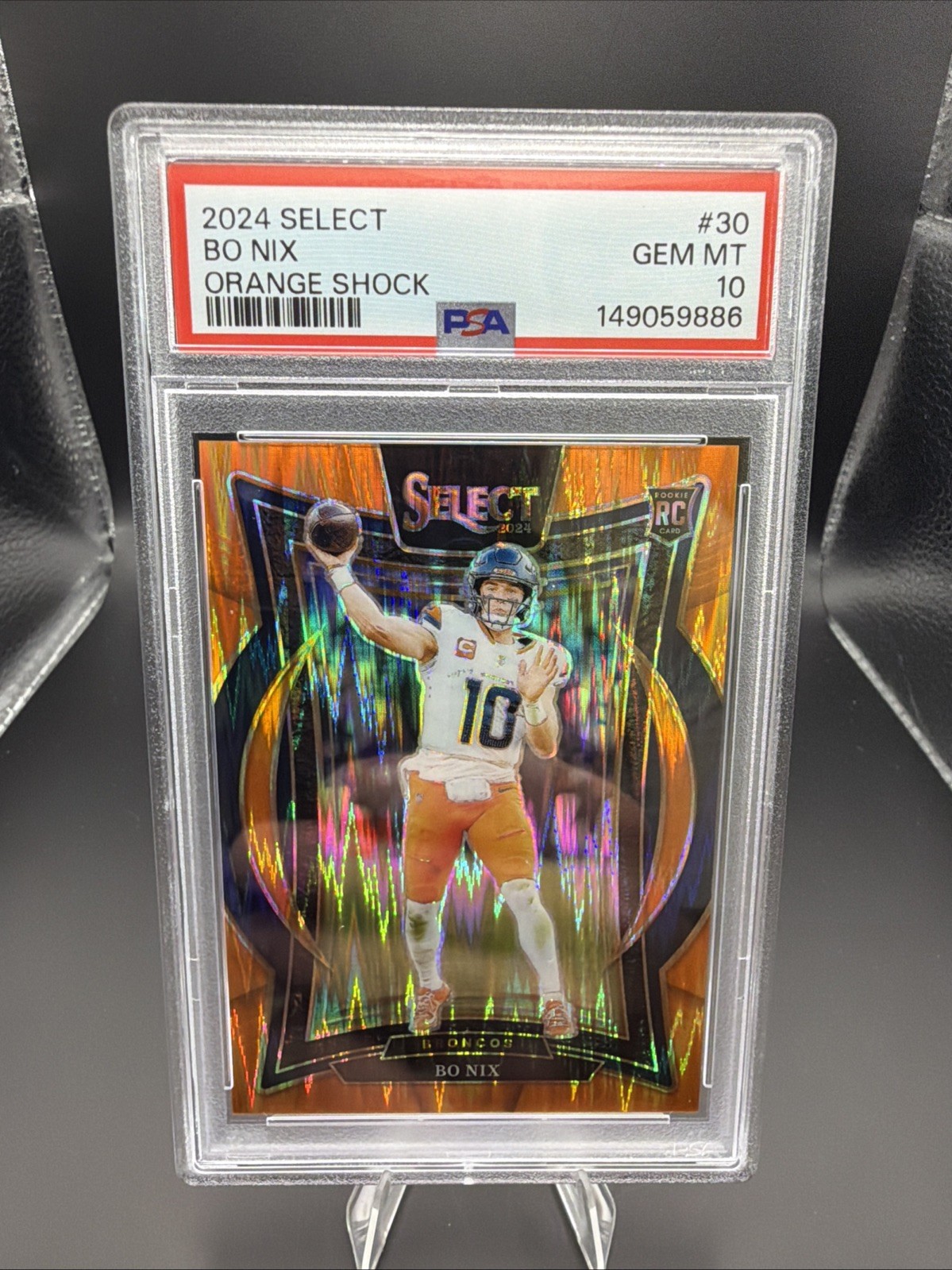 2024 Panini Select - Bo Nix #30 Orange Shock Prizm /499 (RC) - Broncos • PSA 10