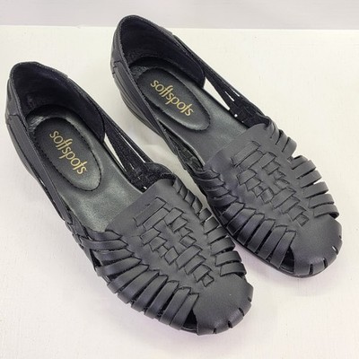 Softspots Womens 10 Wide Trinidad Shoes Flats Black Leather Woven Tribal Slip On