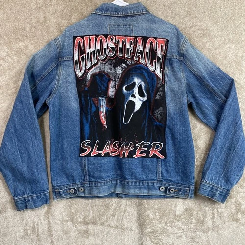 Mens Scream Movie Horror Custom Denim Jacket Blue Large GhostFace Halloween video thumbnail