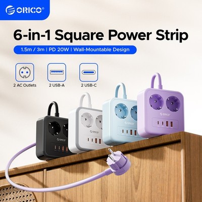 ORICO 20W USB-C Steckdosenleiste 5-in-1 2 AC 2 USB-A 1 USB-C Weiß 3m