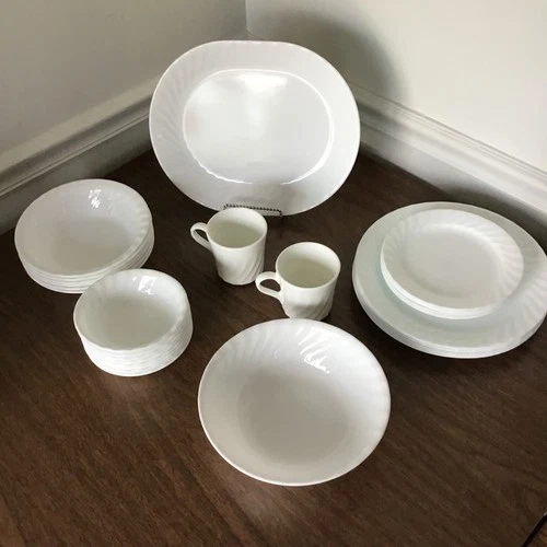 Corelle ENHANCEMENTS 36pc White Swirl Set 8 place Complete settings +Serving pcs