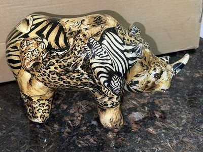 La Vie Collage Safari Rhinoceros Figurine Glazed Ceramic Patchwork