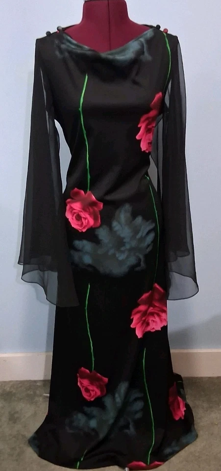 Maxi Vestido De Colección Negro Rosa Vamp Gótico Capricho Abertura Gasa Manga Ángel M/L Foto 2 de 4