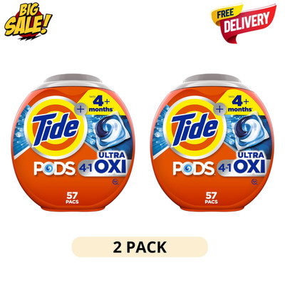 2 Pack Tide PODS Ultra Oxi Laundry Detergent Pacs 57Ct Stain Remover Power Clean
