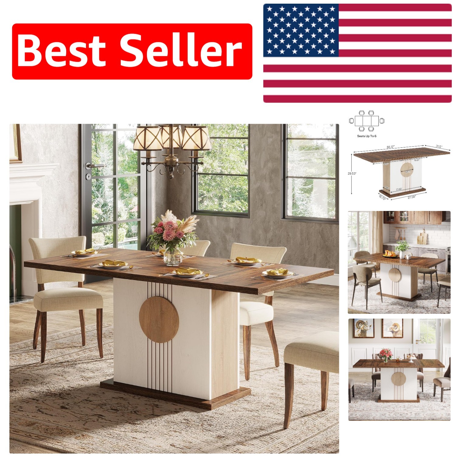 Spacious 55" Rectangular Dining Table for 4-6 - Elegant Oak & White Design